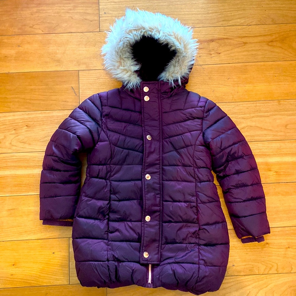 George girls purple burgundy, long puffer jacket with rose gold detailing